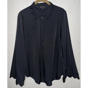 DG2 Diane Gilman Button Up Wavy Trim Blouse Women Size Med. Black